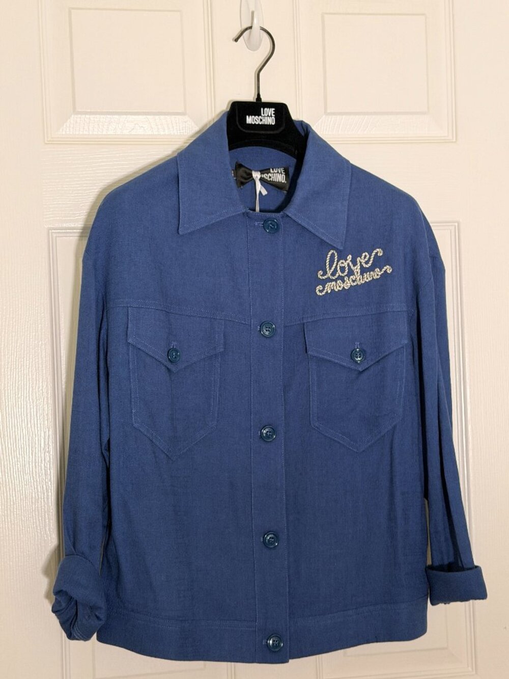 NWT Love Moschino Blue Logo Embroidered Linen Blend Shirt Jacket IT 40